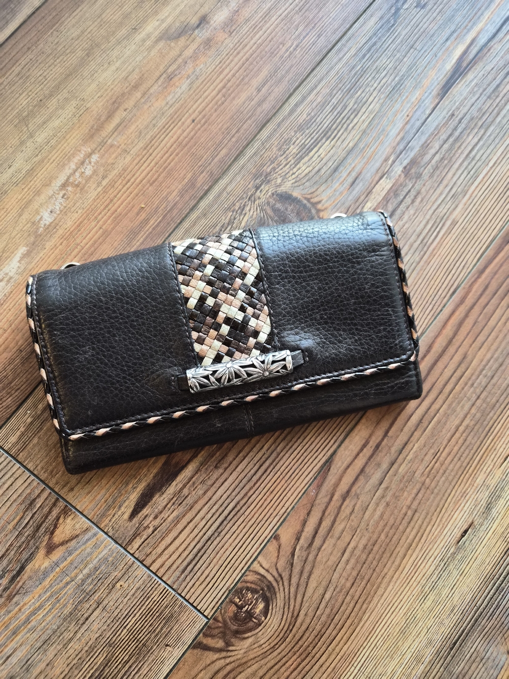 Brighton Black and Tan Woven Accent Leather Wallet